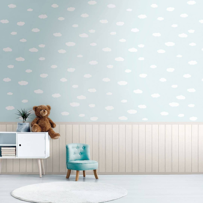 Fototapete Wolken Hellblau Weiss mit Holzpaneel – Vliestapete für Kinderzimmer erweiterbar
