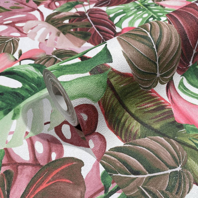 Vliestapete mit verschiedenen Blättern und Pflanzen grün, rot Floral