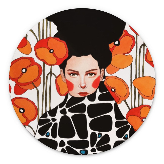 Wandbild Frau mit Retro-Mohnblumen - Hülya - Alu-Dibond Rund