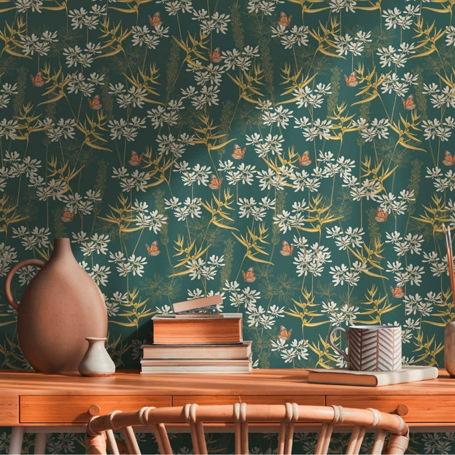 Florale Tapete mit Schmetterlingen Blau Gelb - Vliestapete Blüten und Tiere