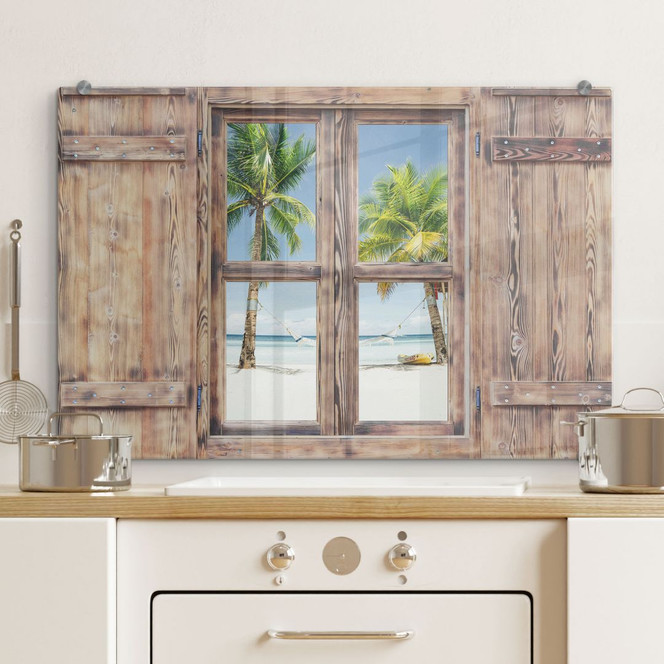 Spritzschutz 3D Holzfenster - Hammock in Paradise