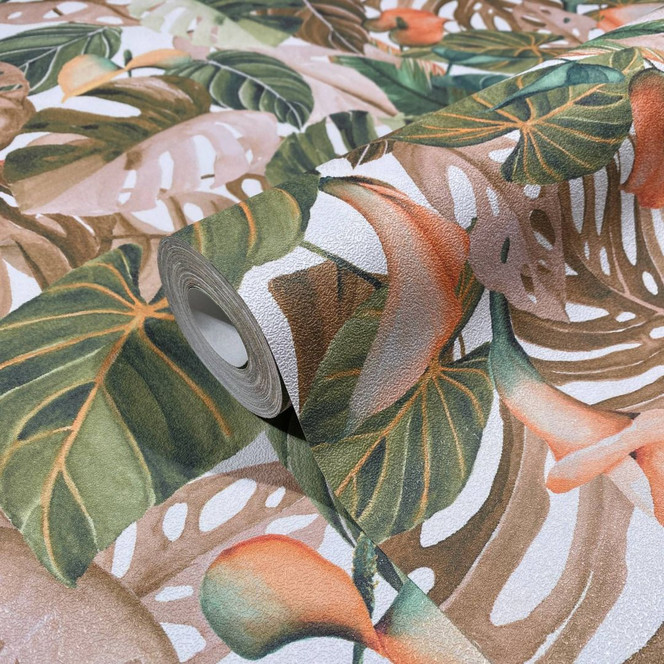 Vliestapete mit verschiedenen Blättern und Pflanzen grün, braun Floral