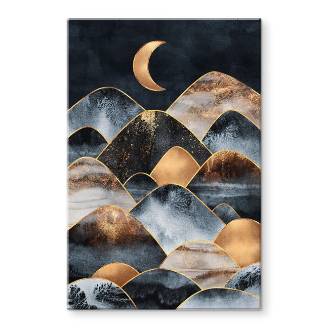 Glasbild Fredriksson - Berge im goldenen Mondlicht