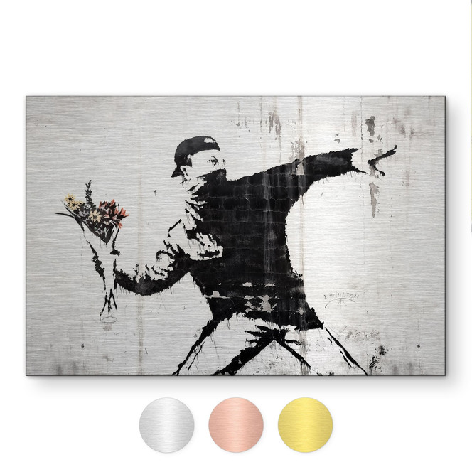 Alu-Dibond gebürstet mit Gold-, Silber- & Kupfereffekt - Der Blumenwerfer - Banksy