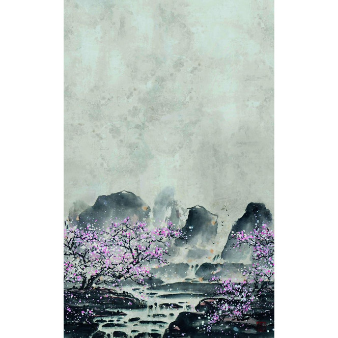 Fototapete Wandtapete mit Motiv Aquarell Berge mit Kirschblüten in Grau Rosa 3.4 x 2.12 m