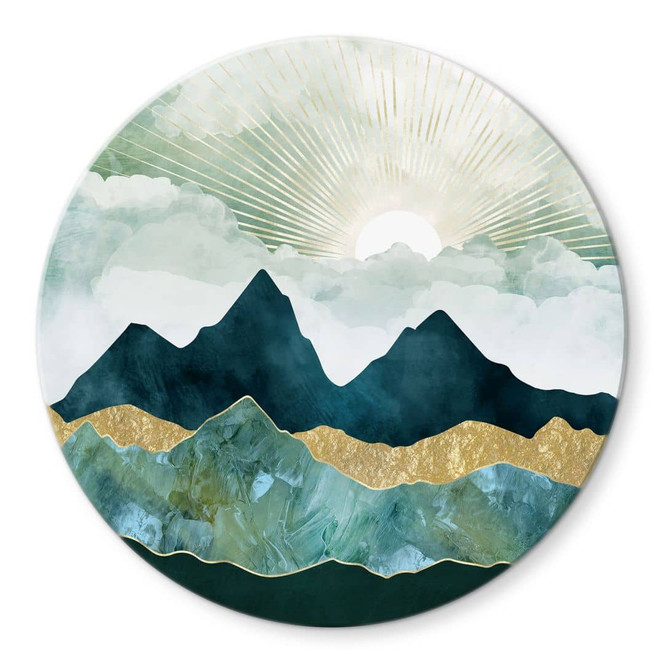 Glasbild Sonnige Landschaft in Blau und Gold - SpaceFrog Designs - Rund