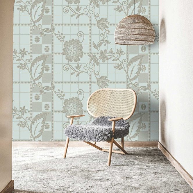 Klassische Fototapete mit Blumenmuster in Grau-Weiss - Vliestapete