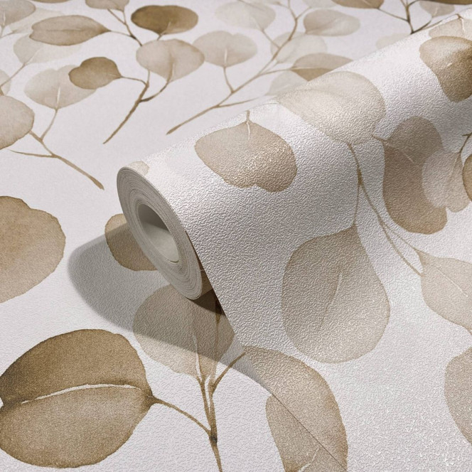 Vliestapete mit gemalten Blättern weiss, braun Floral