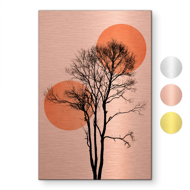 Alu-Dibond gebürstet mit Gold-, Silber- & Kupfereffekt - Sonne und Mond in Orange - Kubistika