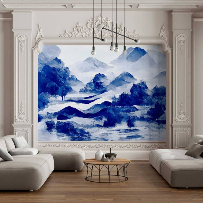 Blautöne Aquarell Bergpanorama Tapete - Künstlerische Vliestapete
