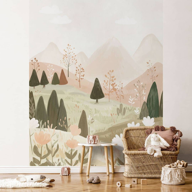 Kinderzimmer Fototapete Pastell Berglandschaft mit Blumen - Treechild