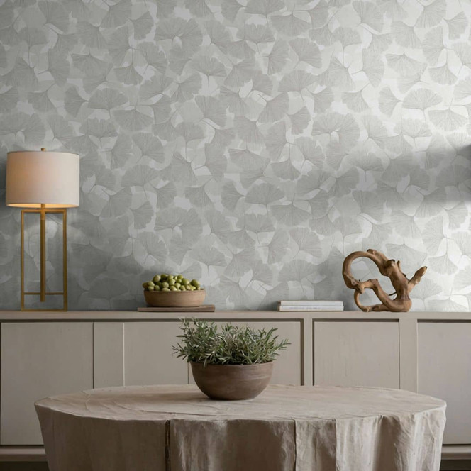 Vliestapete 3D, Blätter Floral Natur matt in Grau Weiss