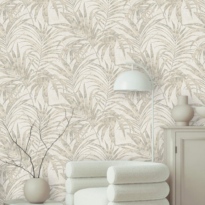 Vliestapete mit schimmerndem und strukturiertem Blattmotiv weiss, grau, beige Floral