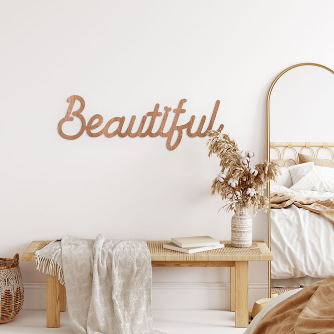 3D Schriftzug Beautiful - Wanddeko aus Mahagoniholz