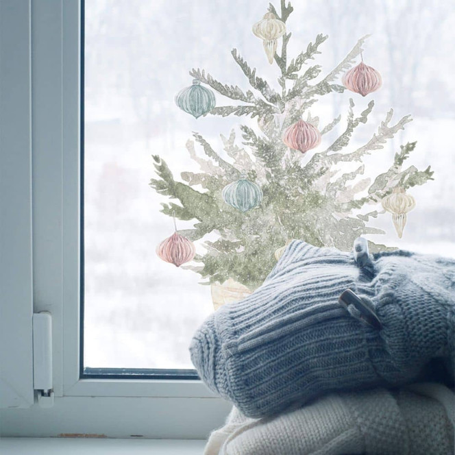 Fensterbild Geschmückter Christbaum blau-rot-gold