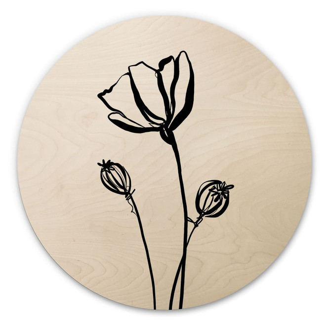 Holzbild Line Art Mohnblume - Cats & Dotz - Rund