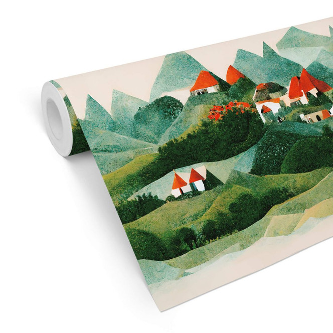Mustertapete Treechild - Kleines Dorf inmitten grüner Hügel