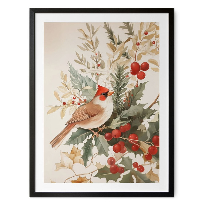 Poster Wintermotiv - Kardinalsvogel mit Beerenzweig - Melloi Art Prints