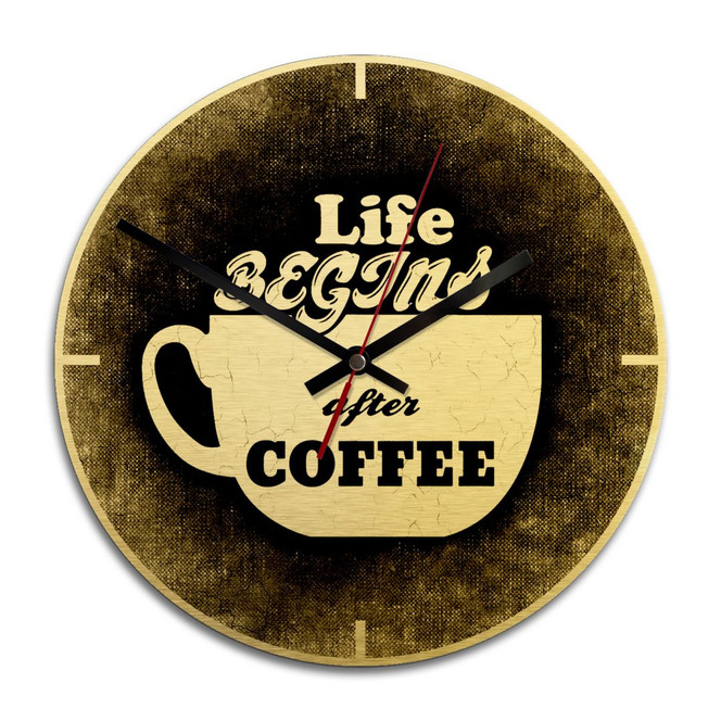 Wanduhr Alu-Dibond-Goldeffekt - Life begins after coffee - Ø 28cm - Bild 1