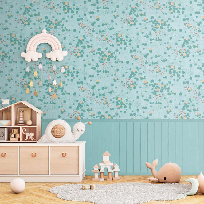 Fototapete Seerosen Blau Grün - Wasserpflanzen mit Holzpaneel - erweiterbare Vliestapete