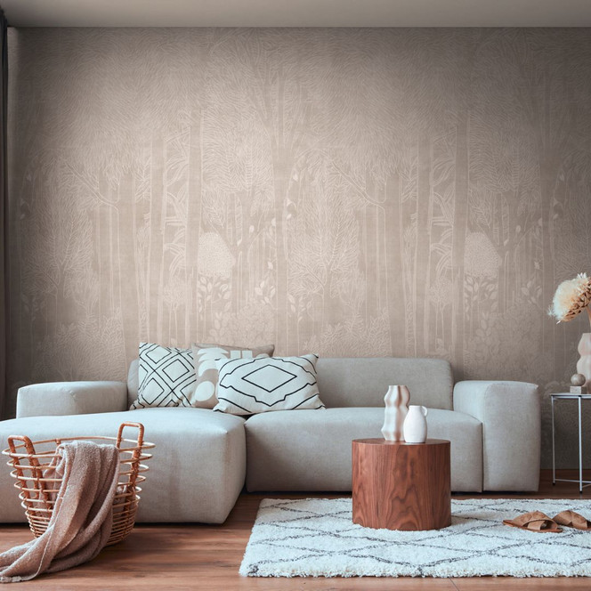 Fototapete Wald Beige Creme matt – erweiterbar 159 x 280 cm Waldtapete Bäume Natur Vliestapete