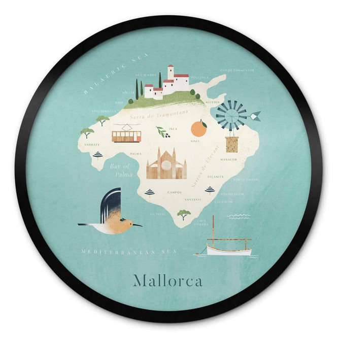Poster Karte von Mallorca - Reiseposter Rund - Rivers