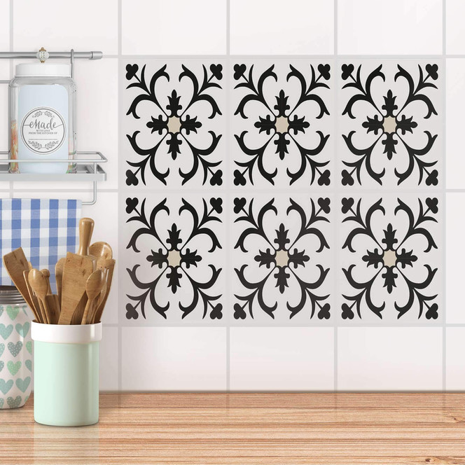 Fliesenaufkleber Set rechteckig - Black Flower Pattern