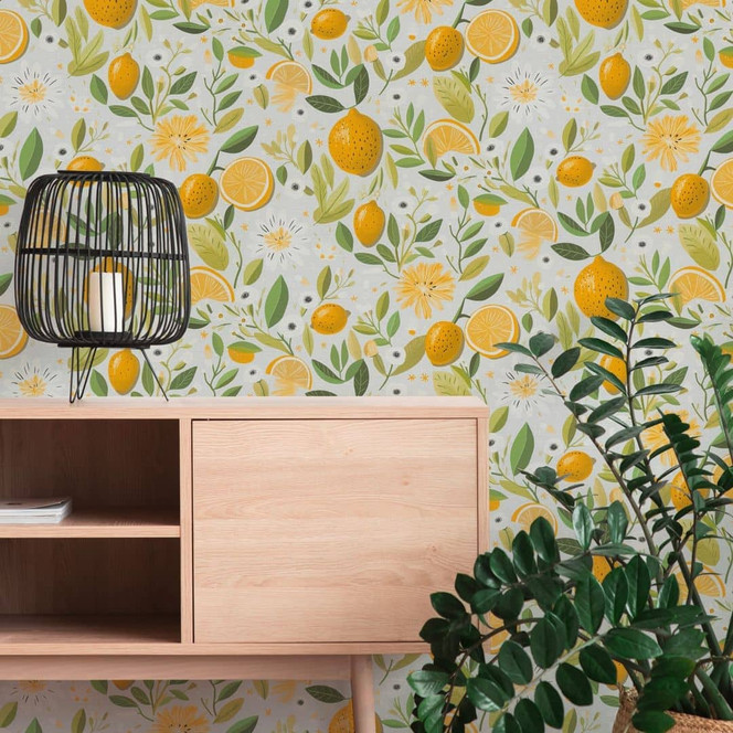 Obst-Tapete Zitronen Orange Grün - Vliestapete modern bunt - Küche & Esszimmer