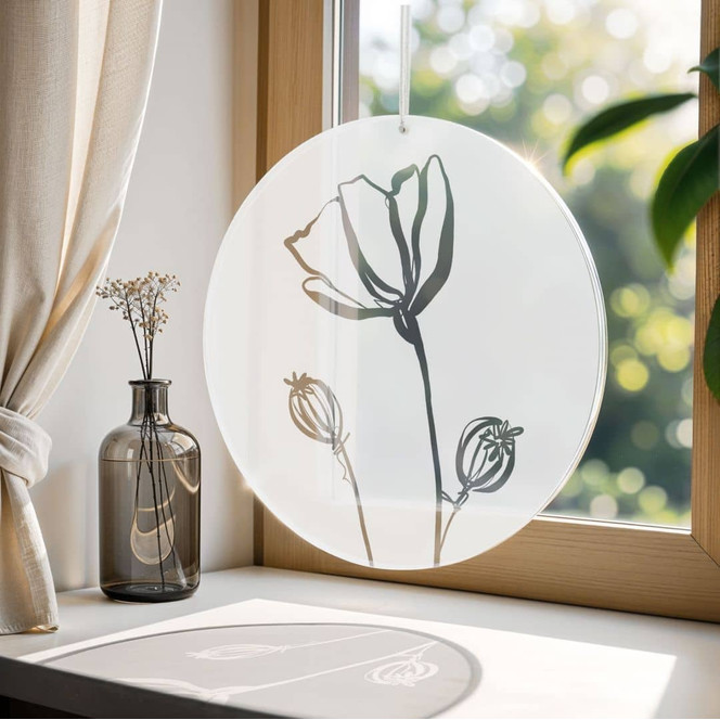 Acrylglasbild, Fensterbild zum Aufhängen - Line Art Mohnblume - Cats & Dotz - Rund