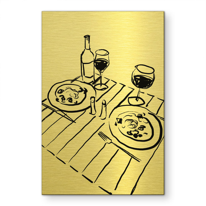 Alu-Dibond gebürstet mit Goldeffekt - Stillleben Dinner mit Wein - Treechild