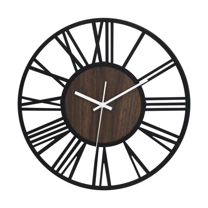 Design Wanduhr Wood & Steel mit Nussbaum-Holzoptik und römischen Ziffern Ø40 cm