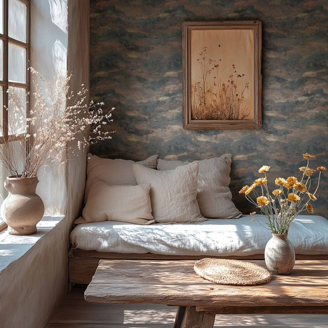 Farbverlauf-Tapete Blau Kupfer – Vliestapete mit dunklem Strukturmuster