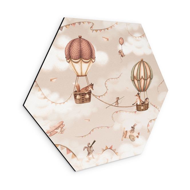 Hexagon Wandbild Tierisches Abenteuer mit Heissluftballon - Oliver Robins - Alu-Dibond
