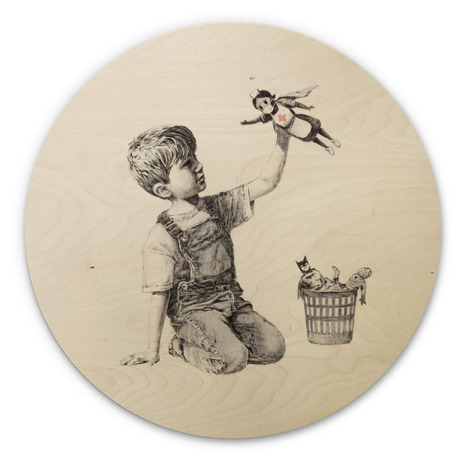 Holzbild Banksy - Real Hero - Rund