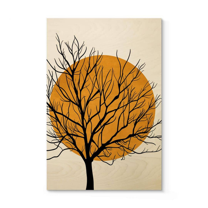 Holzbild Kubistika - Goldene Sonne hinter einem Baum