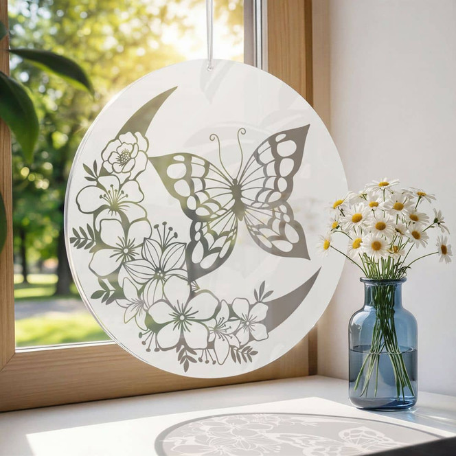 Acrylglasbild, Fensterbild zum Aufhängen Schmetterling im Blumenmond - Rund