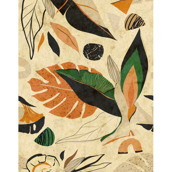 Fototapete Bildtapete Abstrakte Blätter in Terracotta Schwarz und Grün im Boho Stil 2.7 x 2.12 m