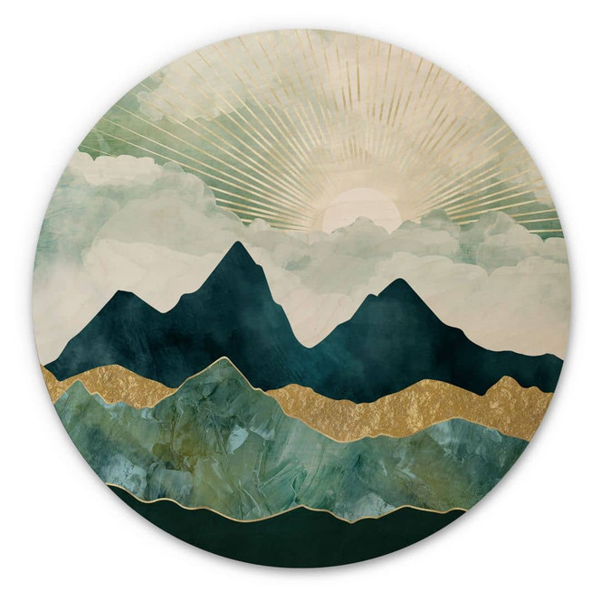 Holzbild Sonnige Landschaft in Blau und Gold - SpaceFrog Designs - Rund