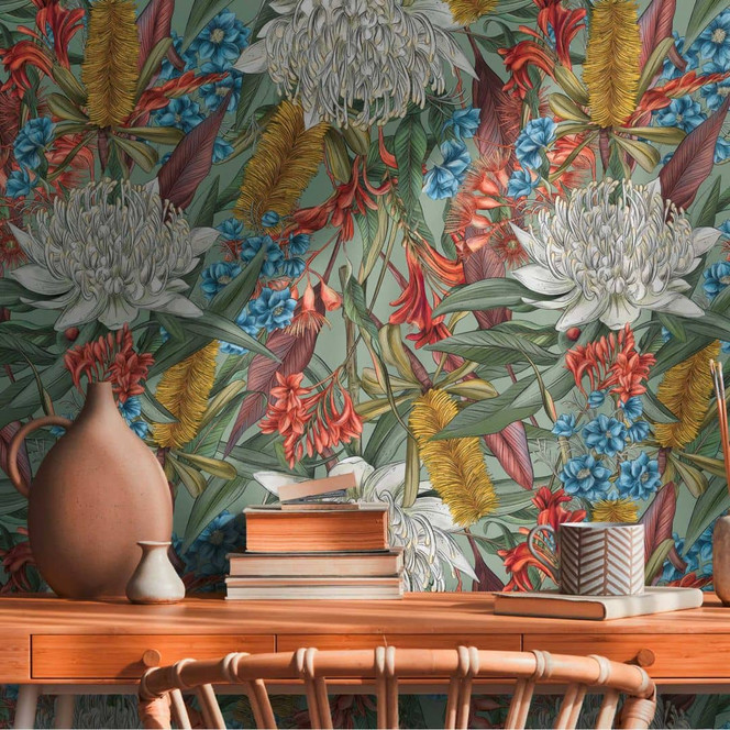 Vliestapete mit Dschungel-Muster Grün - Tapete mit grossen Blüten bunt