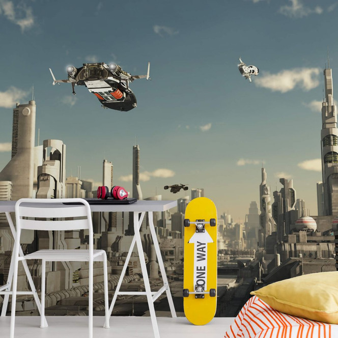 Fototapete - 3D Landeanflug Sci-Fi Stadt