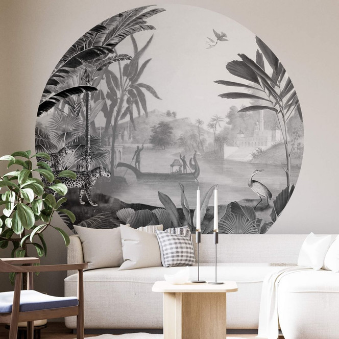 Fototapete Sir Edward - Landschaft mit Leoparden schwarz weiss - Rund - Selbstklebend/Vlies