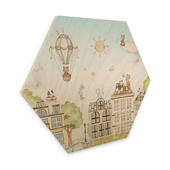 Hexagon Holzbild Katzen über den Dächern - Oliver Robins