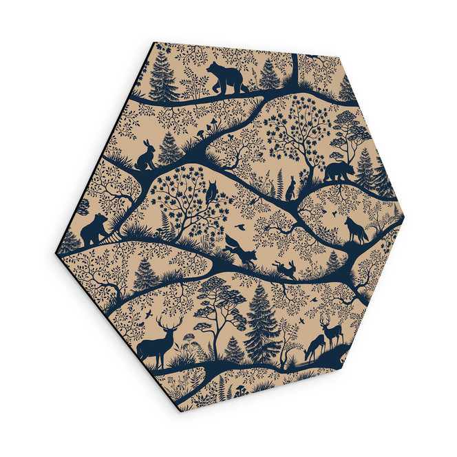 Hexagon Wandbild Tier Silhouetten im nordischen Wald - Oliver Robins - Alu-Dibond