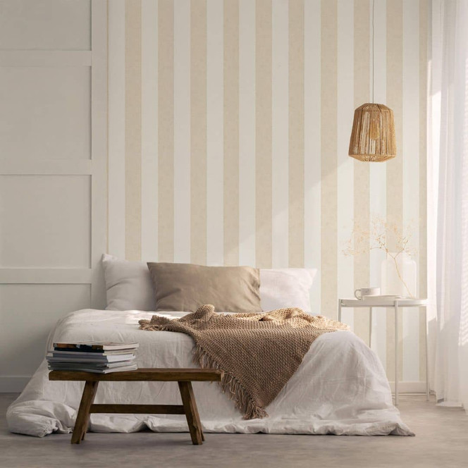 Vliestapete mit Blockstreifen weiss, beige Struktur