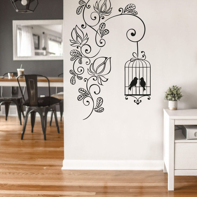 Wandtattoo Blumenranke mit Vogelkäfig