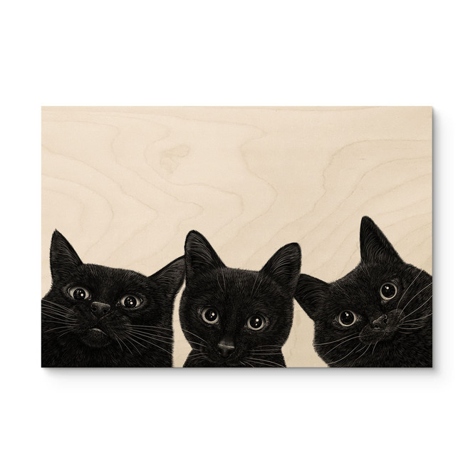 Holzbild Schwarzes Katzen Trio - Korenkova