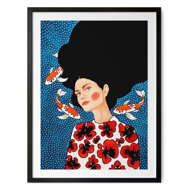 Poster Frau im Blütenkleid mit Kois - Hülya