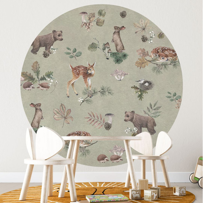 Fototapete Rehkitz und Waldfreunde - Tiere für Kinder - grün - Kikki Belle - Rund - Selbstklebend/Vlies