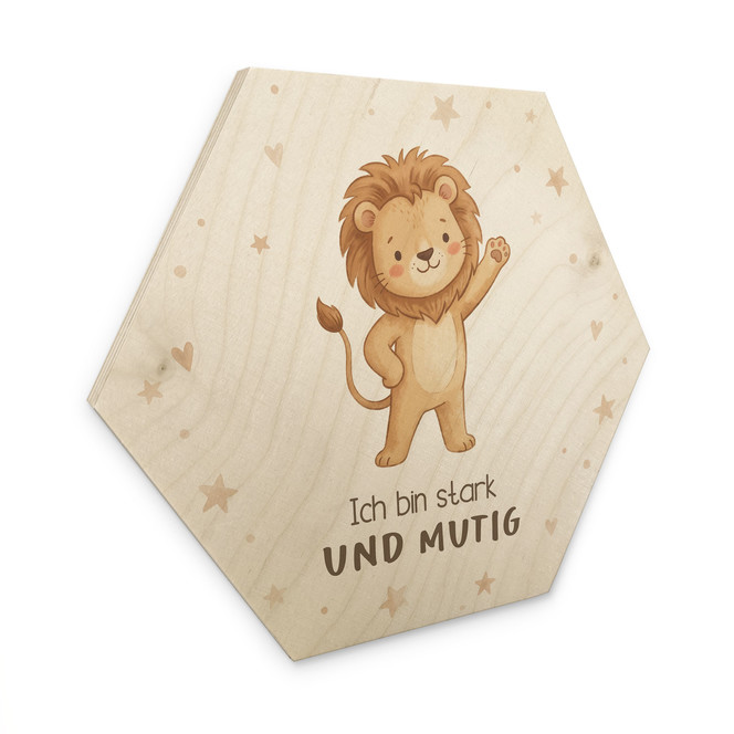Holzbild Hexagon mit Löwe - Bestärkung "Ich bin stark und mutig"
