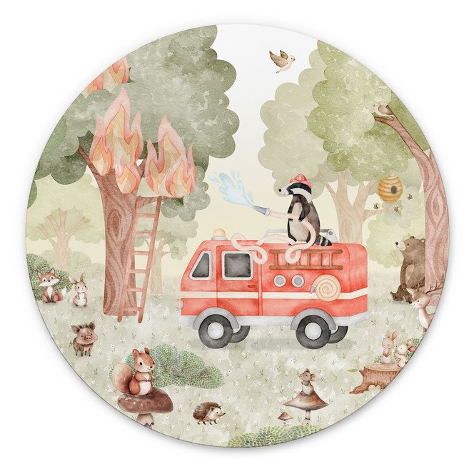 Wandbild Tier-Feuerwehr im Wald - Oliver Robins - Alu-Dibond - Rund
